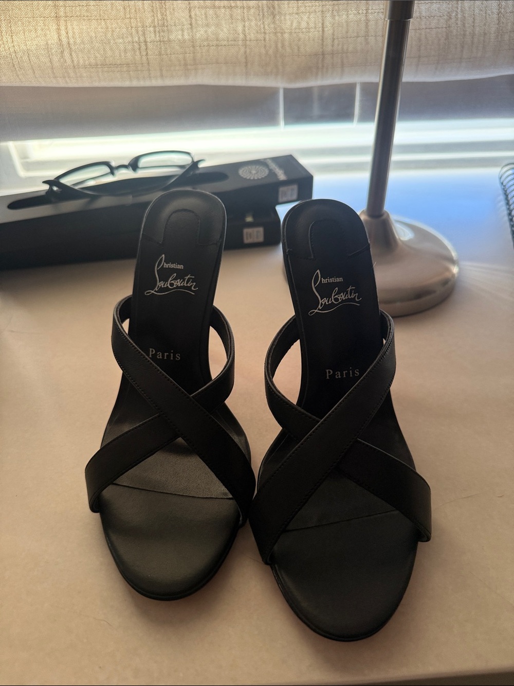 Christian Louboutin Black Leather Crisscross Mule Heels